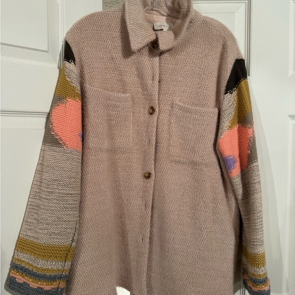 Skies Are Blue Beige Sweater jacket with Colorful Sleeves